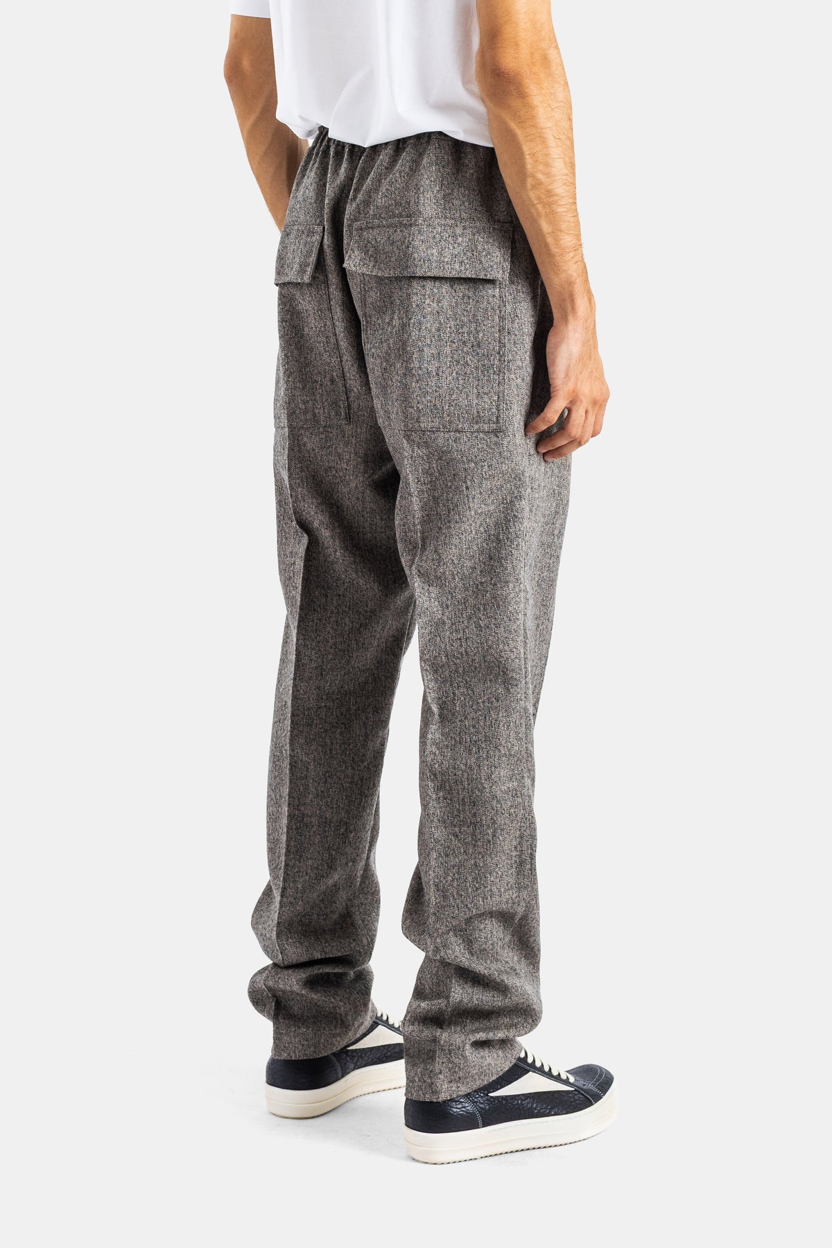 Rick Owens pantalon laine chinée dos poches cargo rabat taille élastiquée drawstring gris chiné