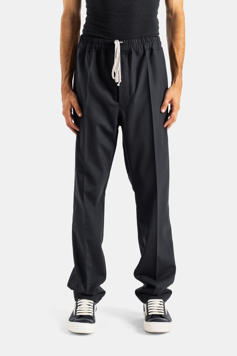 Rick Owens pantalon drawstring slim long noir taille élastiquée cordon ivoire pinces avant coupe effilée