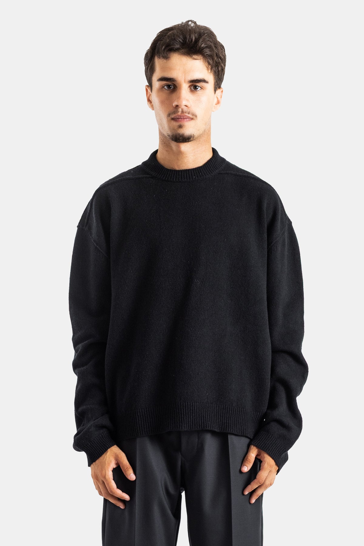 Rick Owens pull Tommy oversize col rond en laine noir à manches longues et épaules tombantes