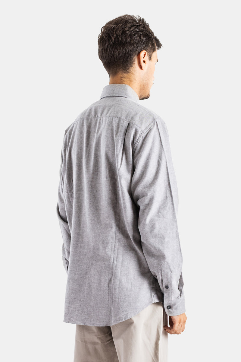 Full back view of Sease men's Classica BD 2.0 grey flannel shirt with shoulder topstitching and a loose cut.