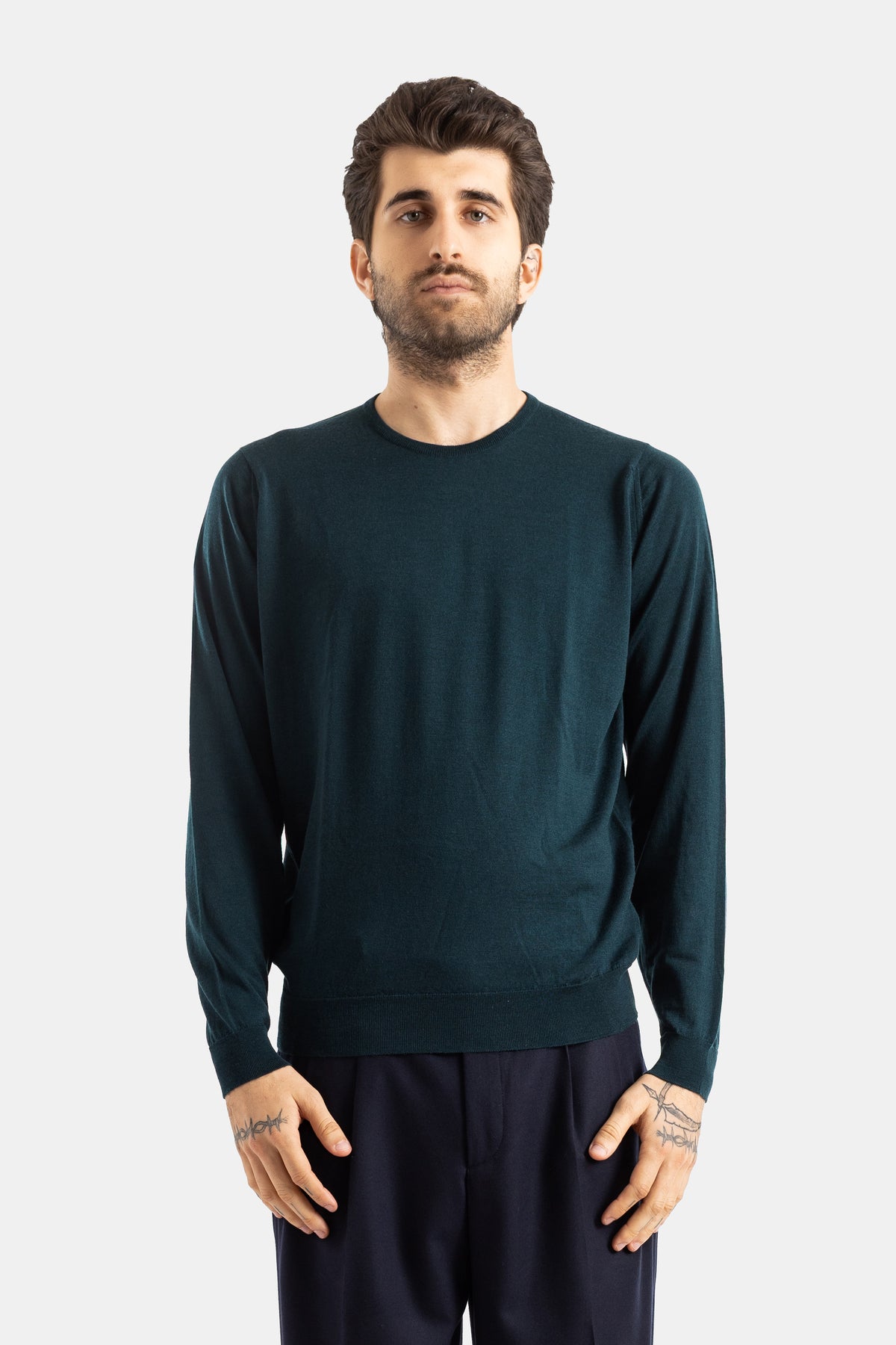 Smedley pull Lundy col rond manches longues en laine mérinos fine vert sapin coupe ajustée homme