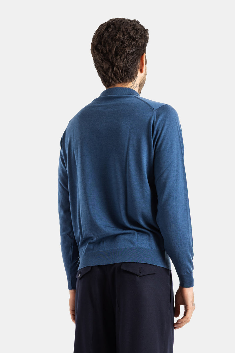 Smedley polo Belper dos homme, mérinos bleu acier manches longues, coutures raglan et tatouage nuque visible