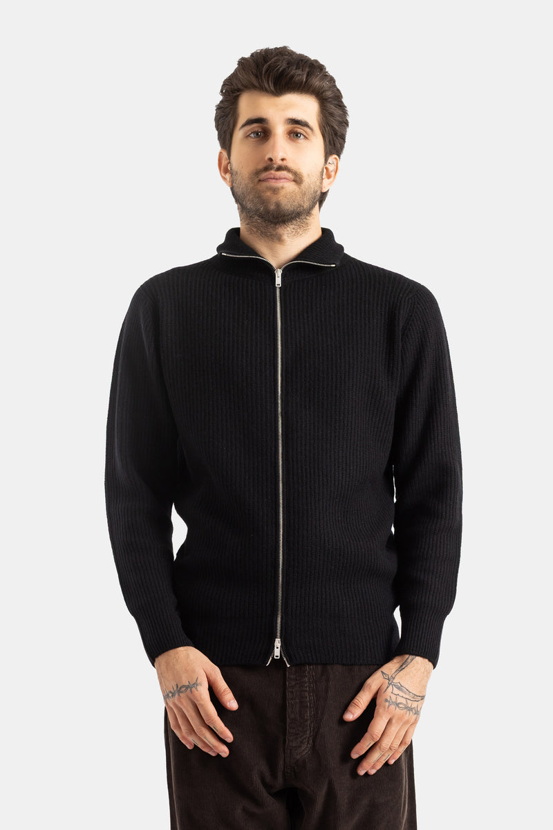 Smedley cardigan Mallam zippé en maille côtelée noire, coupe ample col montant, manches longues homme