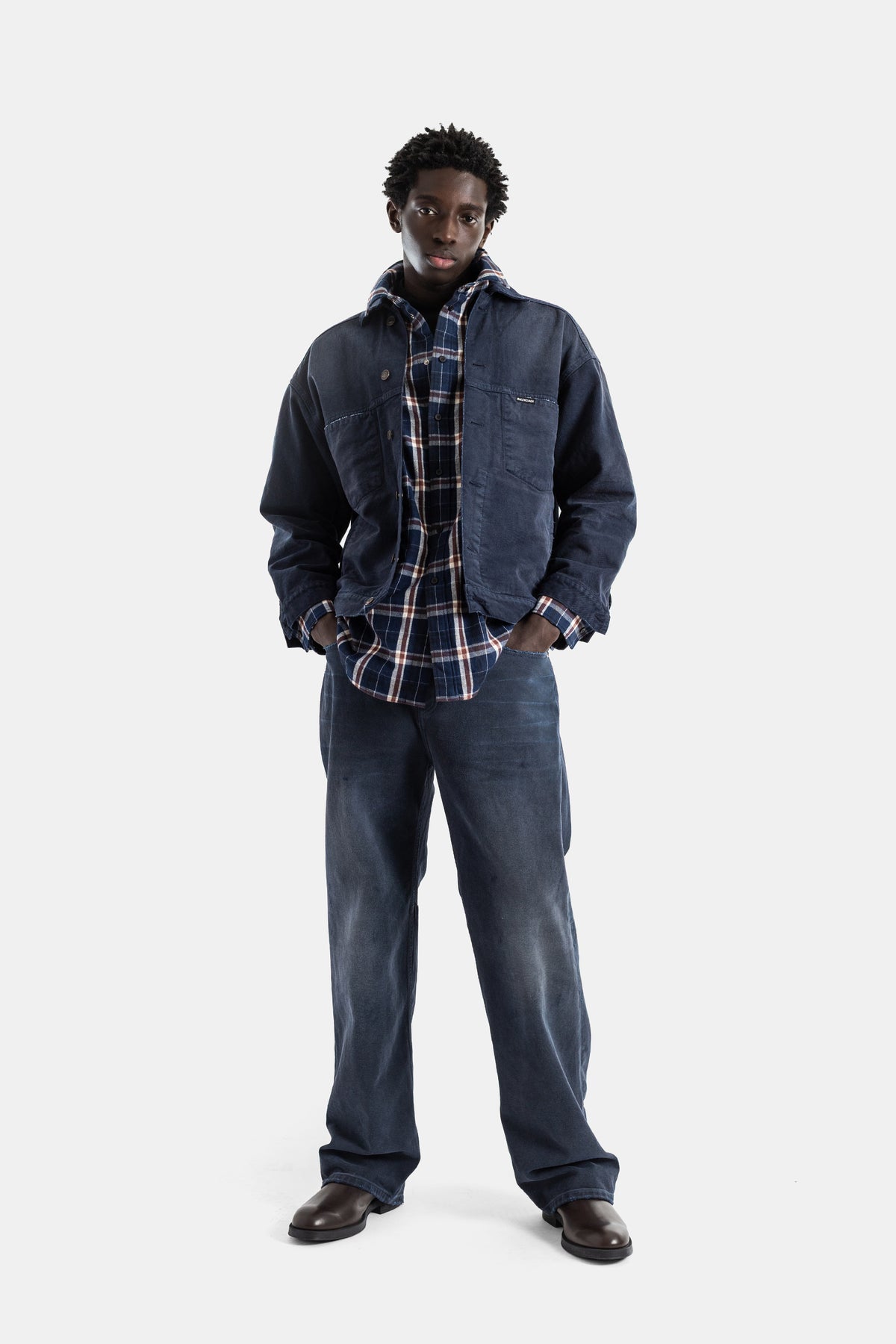 Veste-chemise denim coton bleu jellyfish overdyed trompe l'œil patched