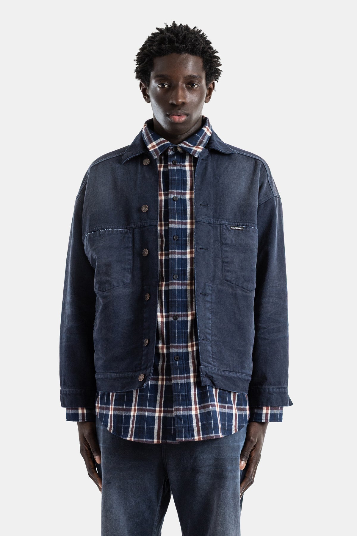 Veste-chemise denim coton bleu jellyfish overdyed trompe l'œil patched