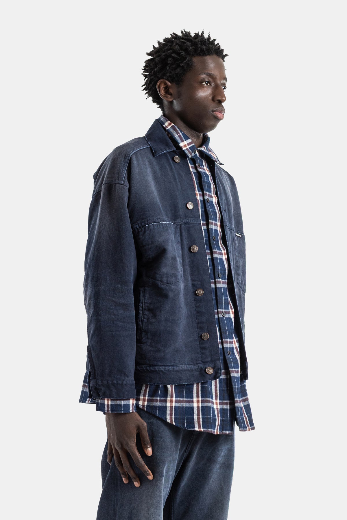 Veste-chemise denim coton bleu jellyfish overdyed trompe l'œil patched