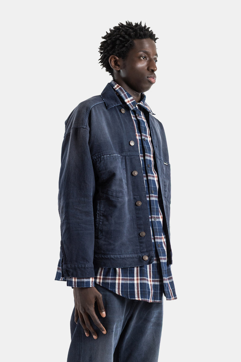 Veste-chemise denim coton bleu jellyfish overdyed trompe l'œil patched