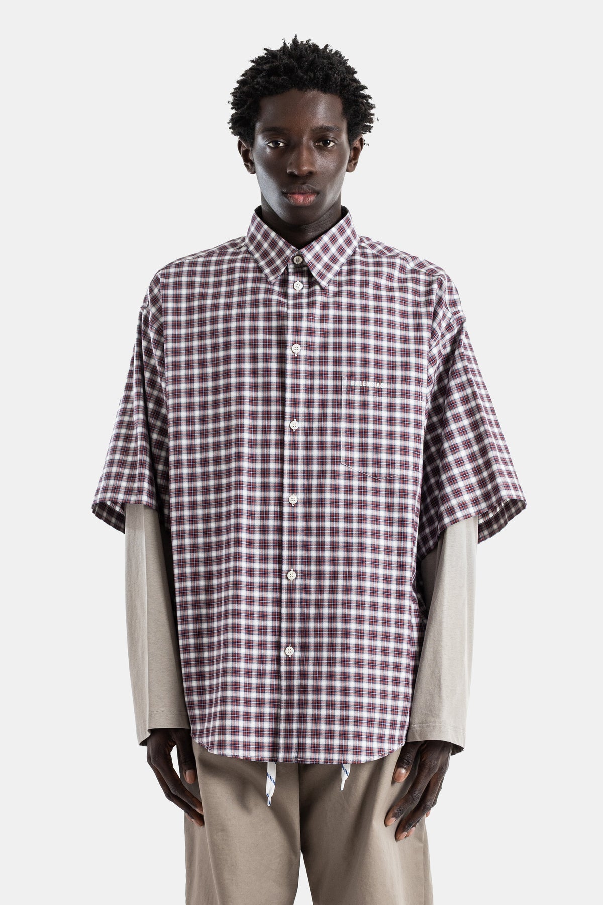 Hybrid cotton poplin check shirt red navy jersey wrong sleeve