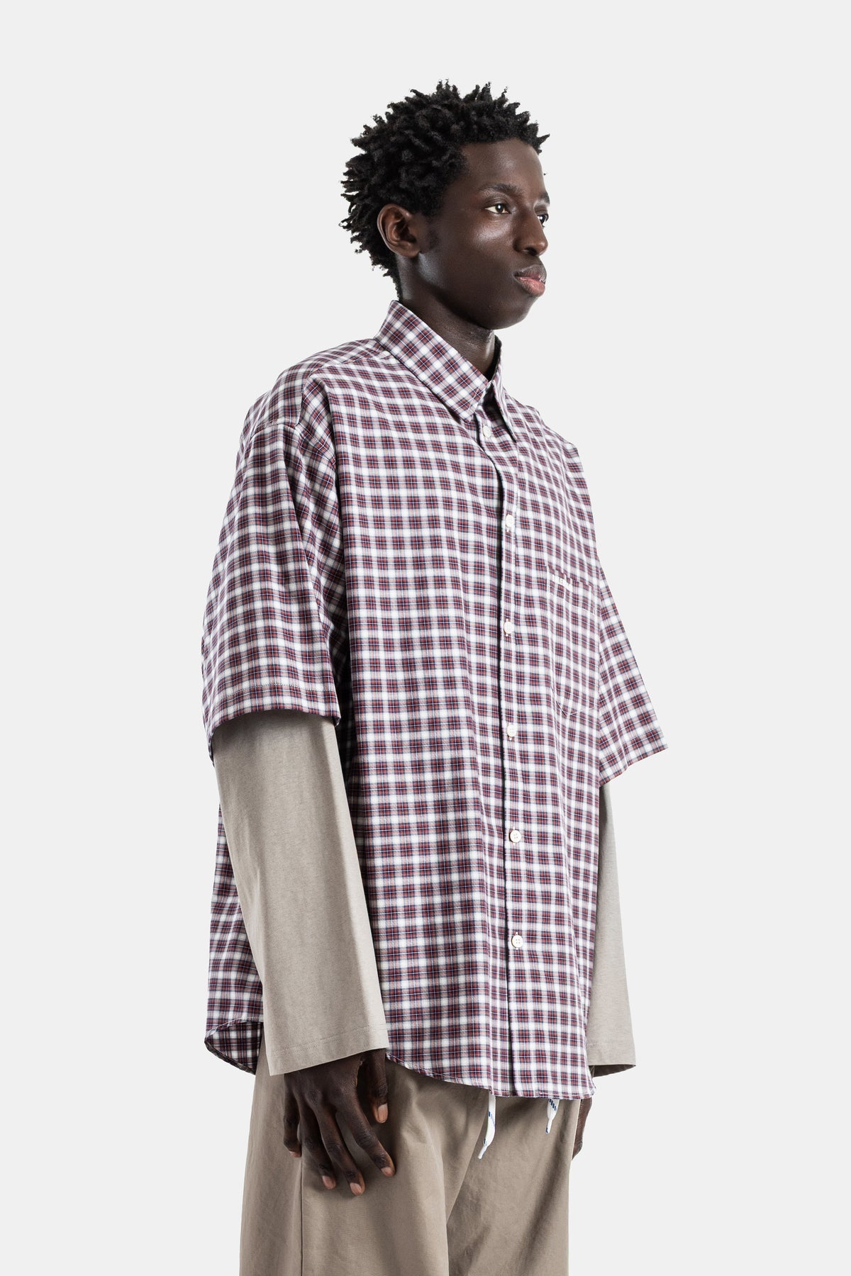 Hybrid cotton poplin check shirt red navy jersey wrong sleeve