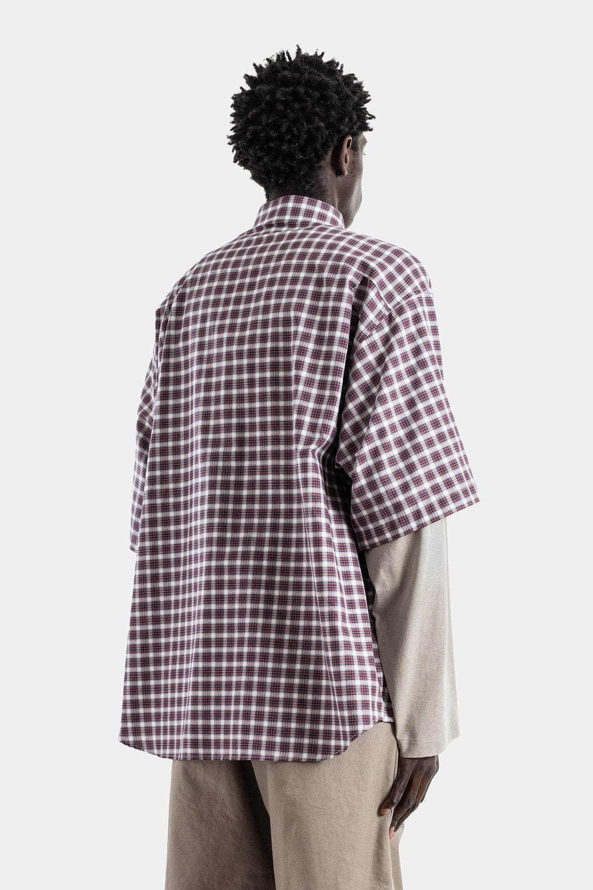 Hybrid cotton poplin check shirt red navy jersey wrong sleeve