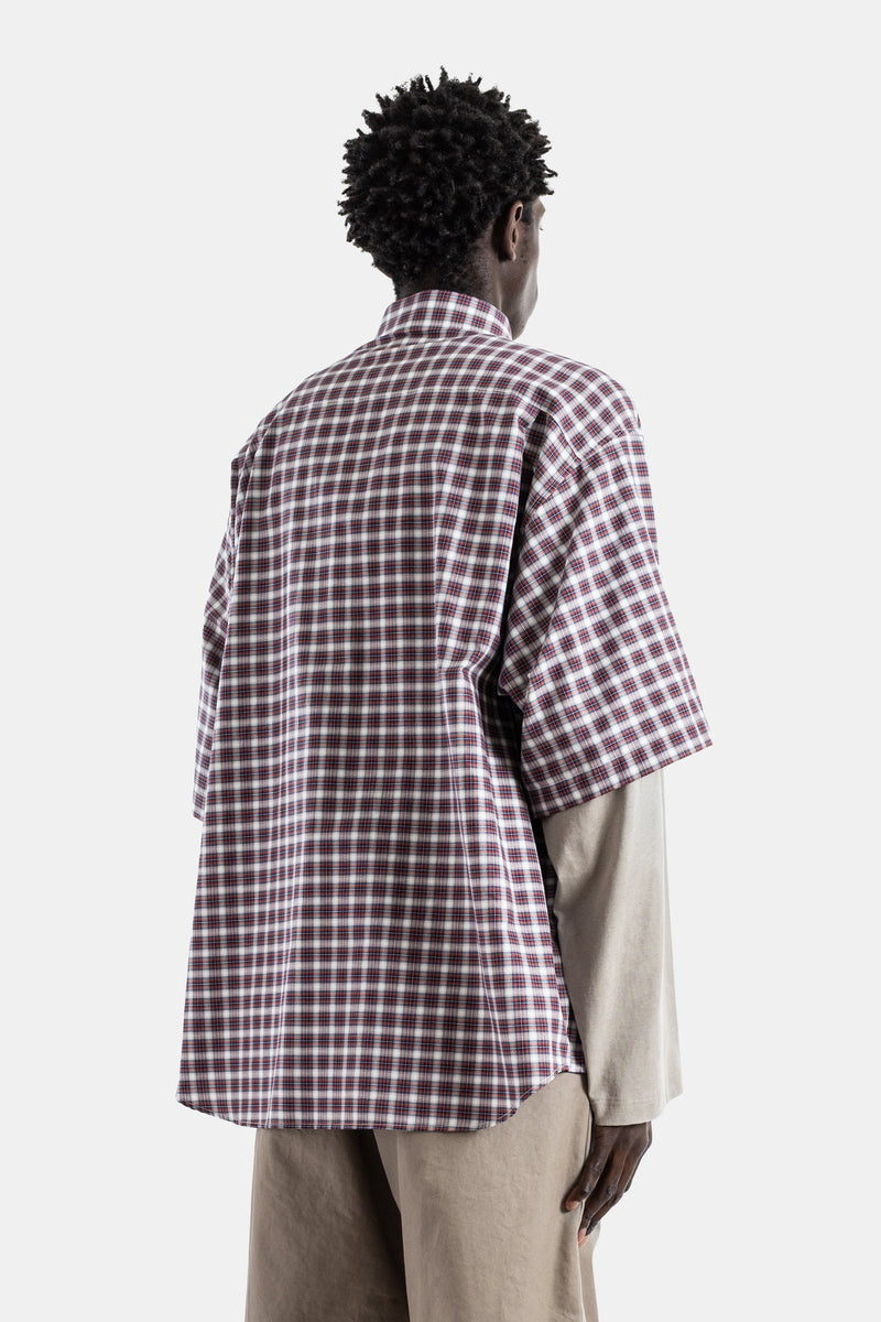 Hybrid cotton poplin check shirt red navy jersey wrong sleeve
