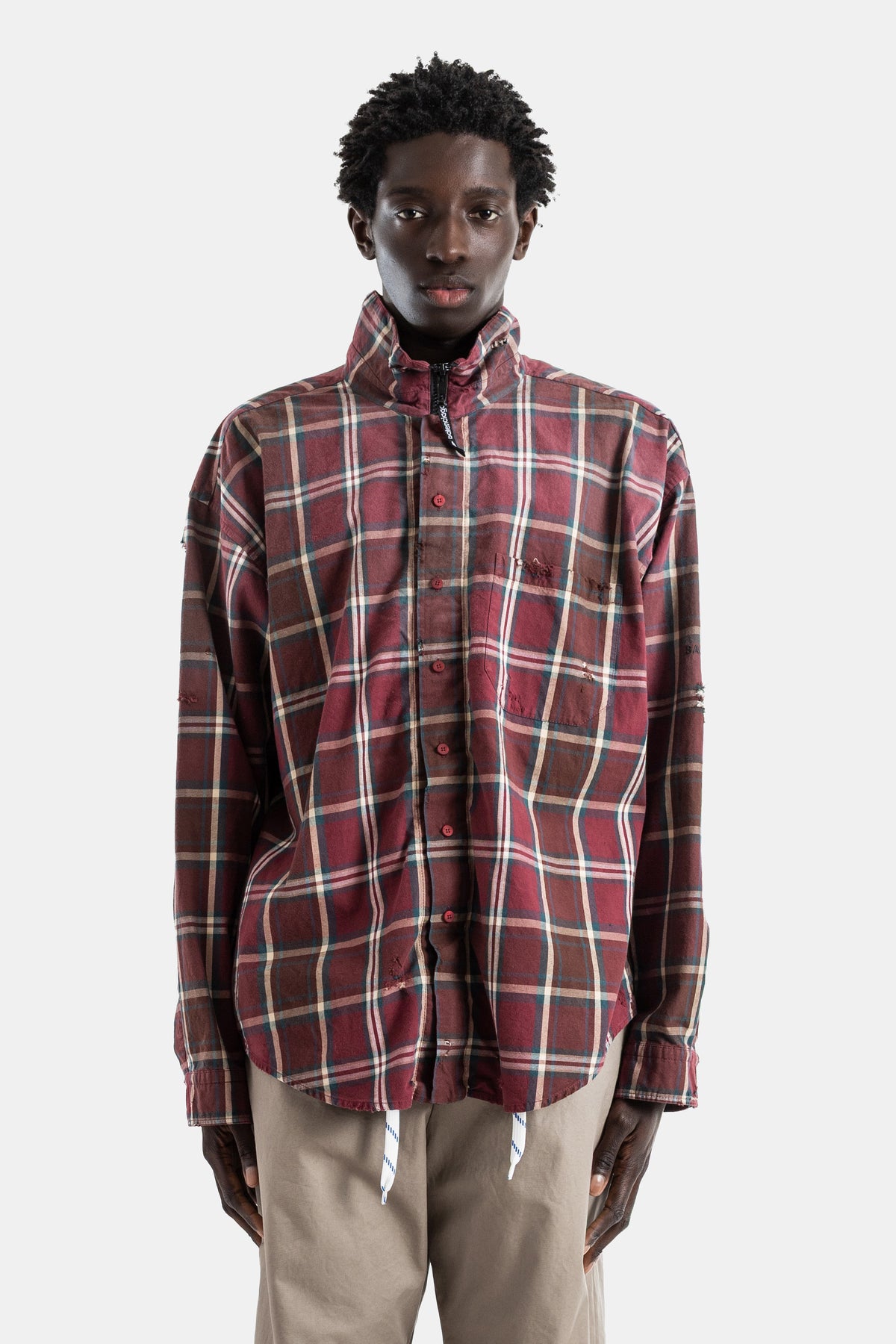 Chemise flanelle carreaux bordeaux col zippé