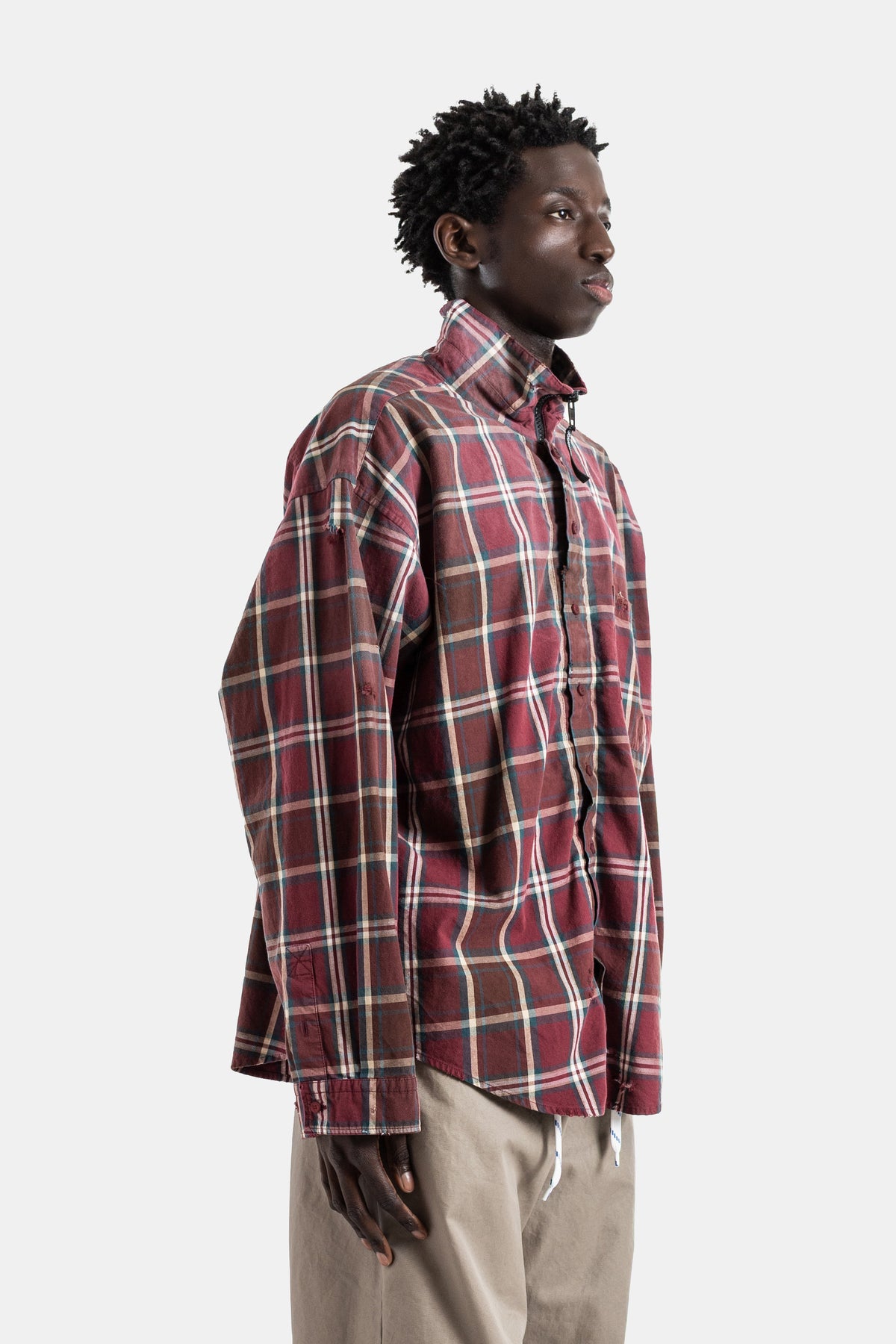 Chemise flanelle carreaux bordeaux col zippé