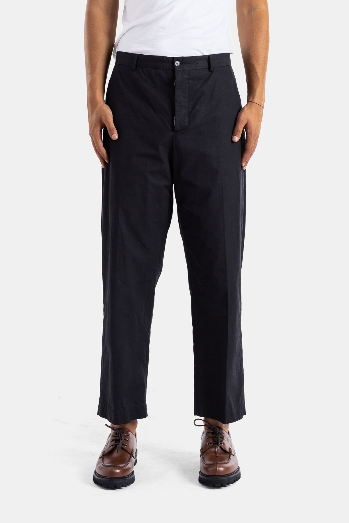 Bergfabel black linen cotton straight trousers loose fit high waist fluid drape men SS25