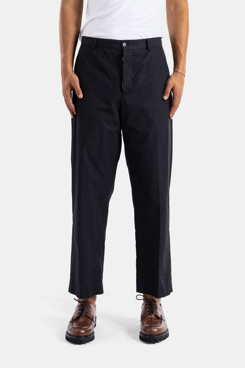 Bergfabel pantalon droit lin coton noir coupe ample taille haute tombé fluide homme SS25