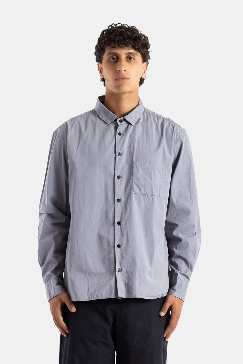 Bergfabel mist grey washed cotton shirt oversized cut fluid drape chest pocket contrasting buttons FW25