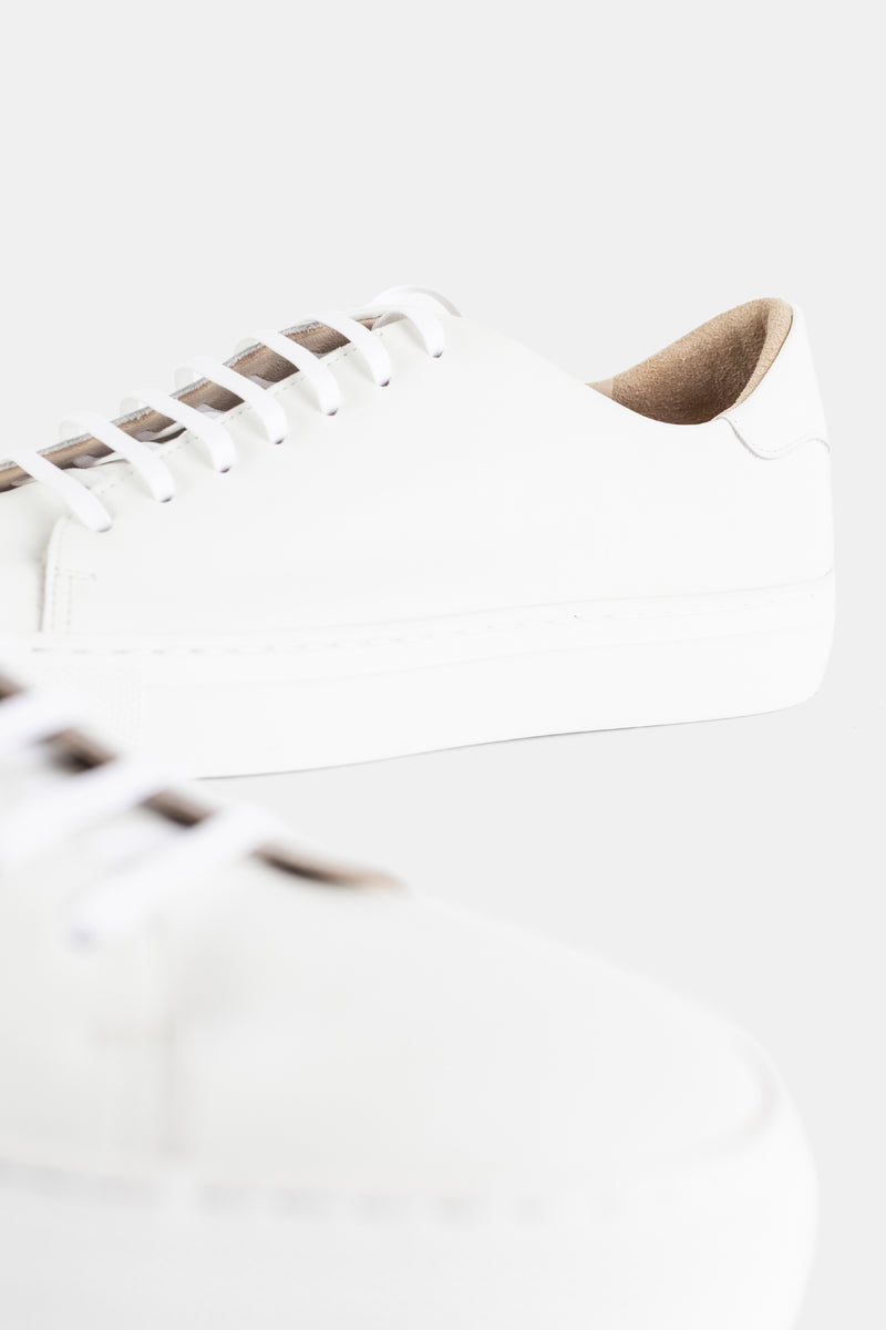 Brightway baskets cuir lisse blanc, vue rapprochée profondeur de champ, intérieur beige naturel visible SS26