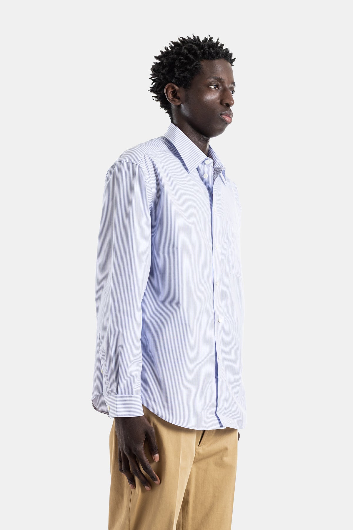 Cotton poplin shirt stripes brilliant blue white script logo Riordan