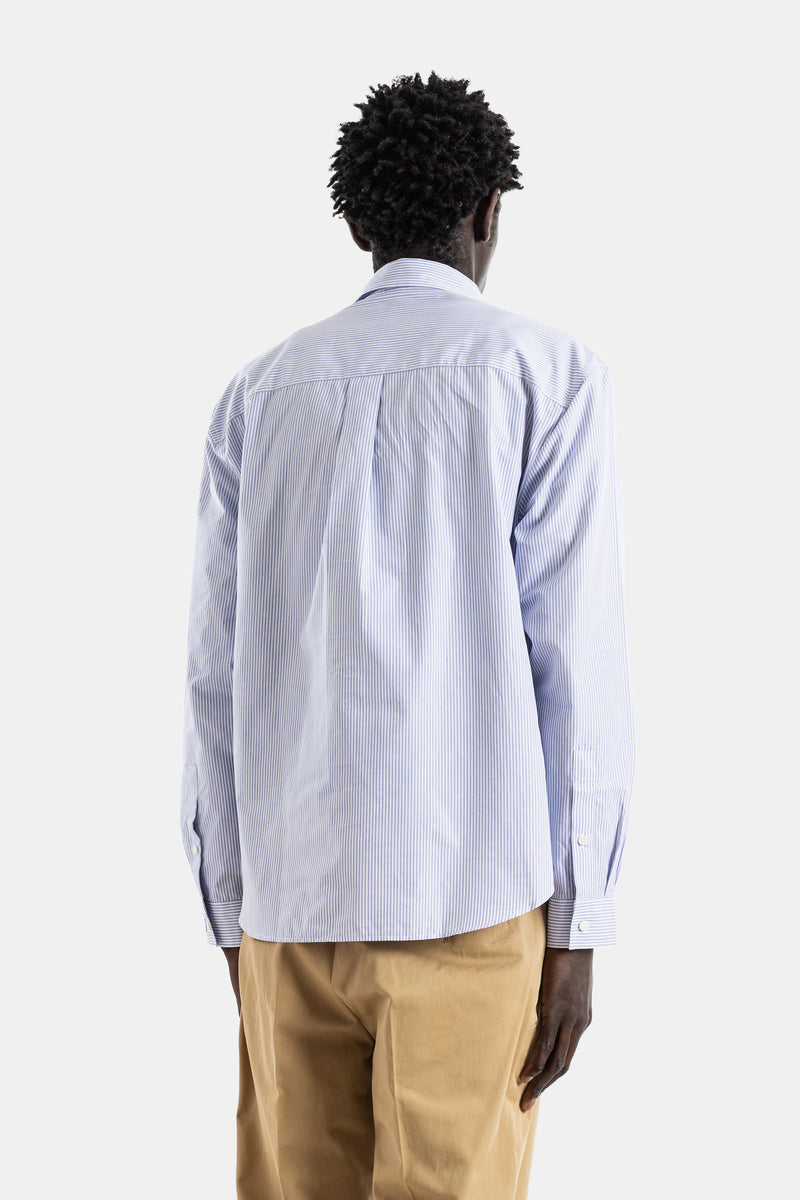 Cotton poplin shirt stripes brilliant blue white script logo Riordan