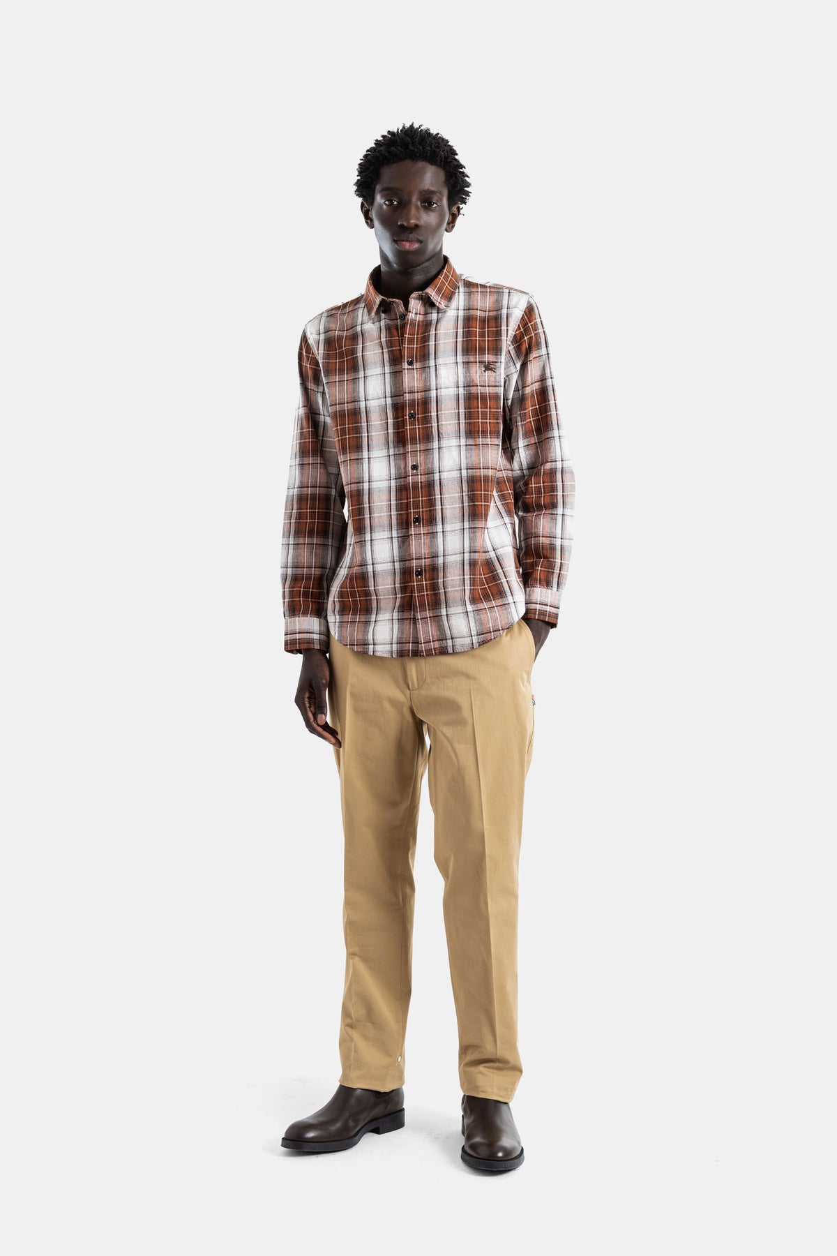 Cotton large check shirt rust white button-down collar EKD Roland