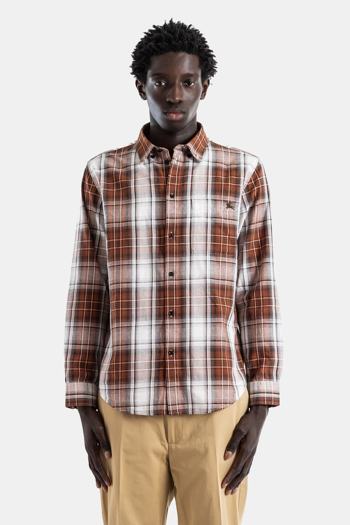 Cotton large check shirt rust white button-down collar EKD Roland