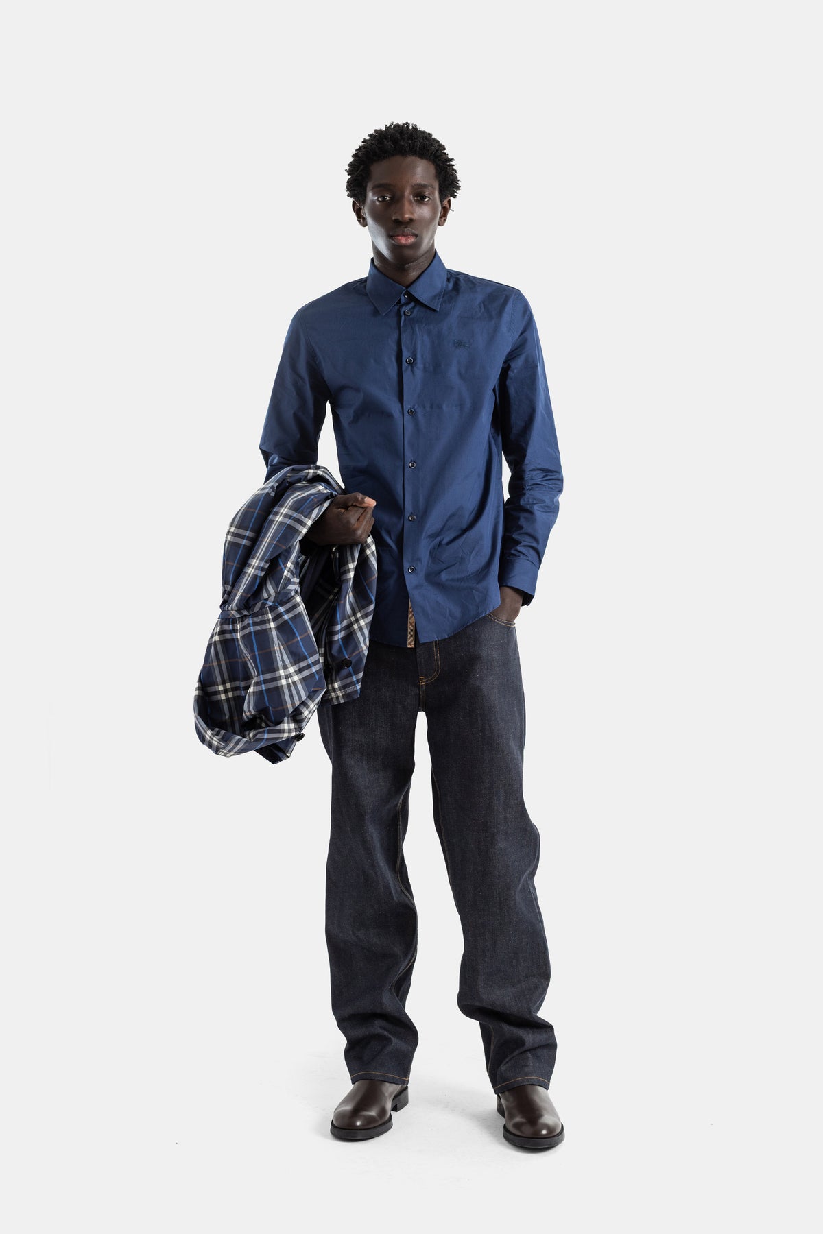 Cotton poplin shirt dark graphite blue tonal EKD check lining Sam