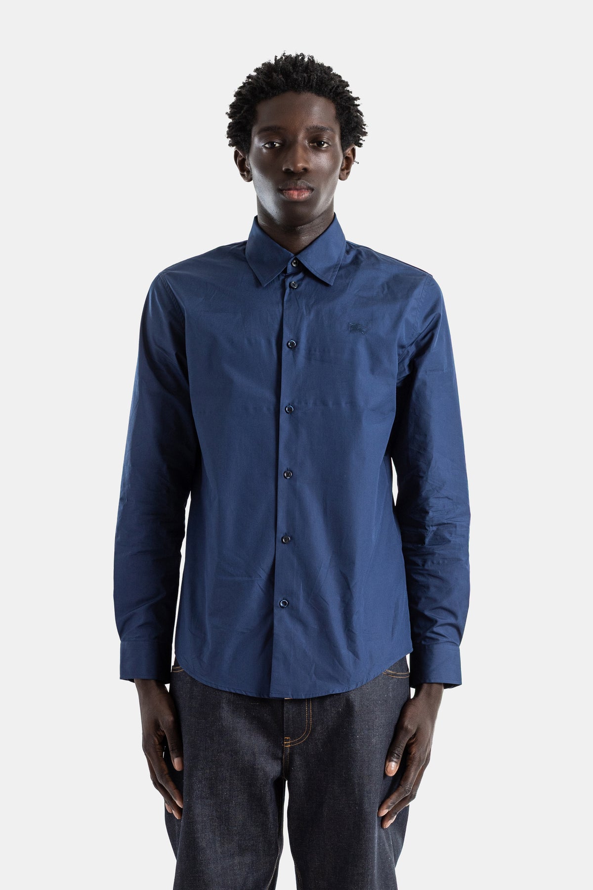 Cotton poplin shirt dark graphite blue tonal EKD check lining Sam