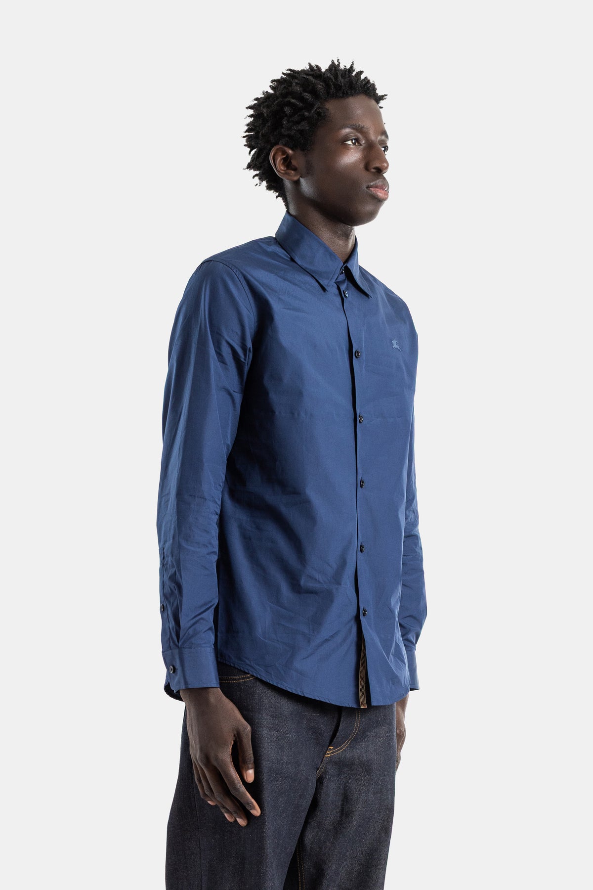 Cotton poplin shirt dark graphite blue tonal EKD check lining Sam