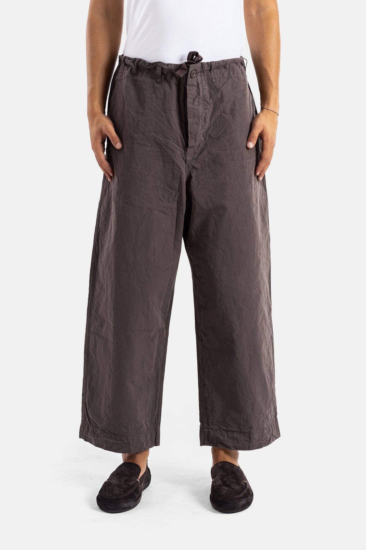 Casey Casey Abello wide crinkle cotton trousers earthy brown oversized silhouette elasticated waist SS26