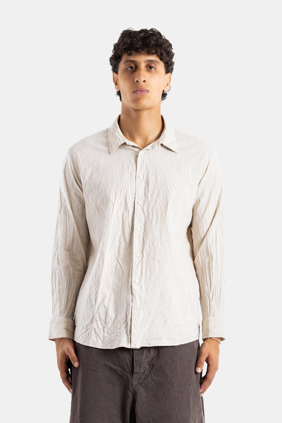 Casey Casey Fabiano shirt natural beige striped cotton relaxed fit wrinkled fabric long sleeves men SS26