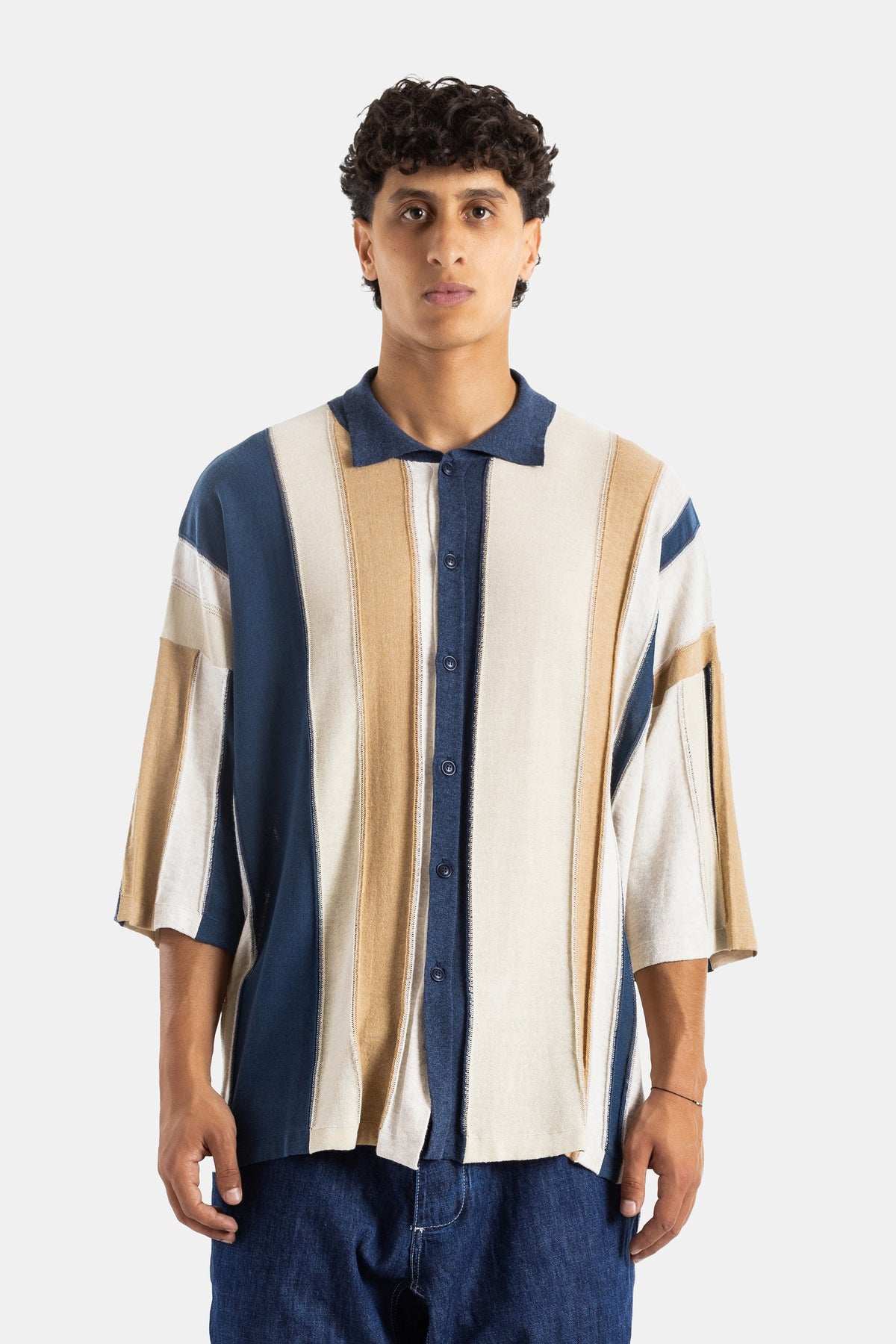 Casey Casey oversized patchwork vertical stripe shirt navy blue beige ecru boxy fit three-quarter sleeves SS26