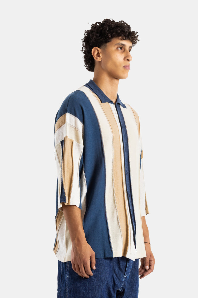 Blue and Beige Striped Patchwork Shirt