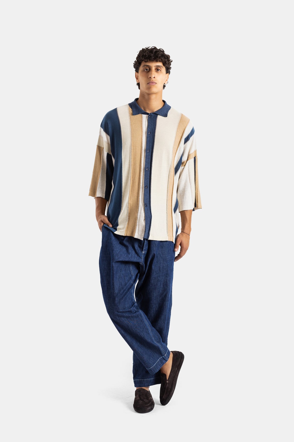 Blue and Beige Striped Patchwork Shirt