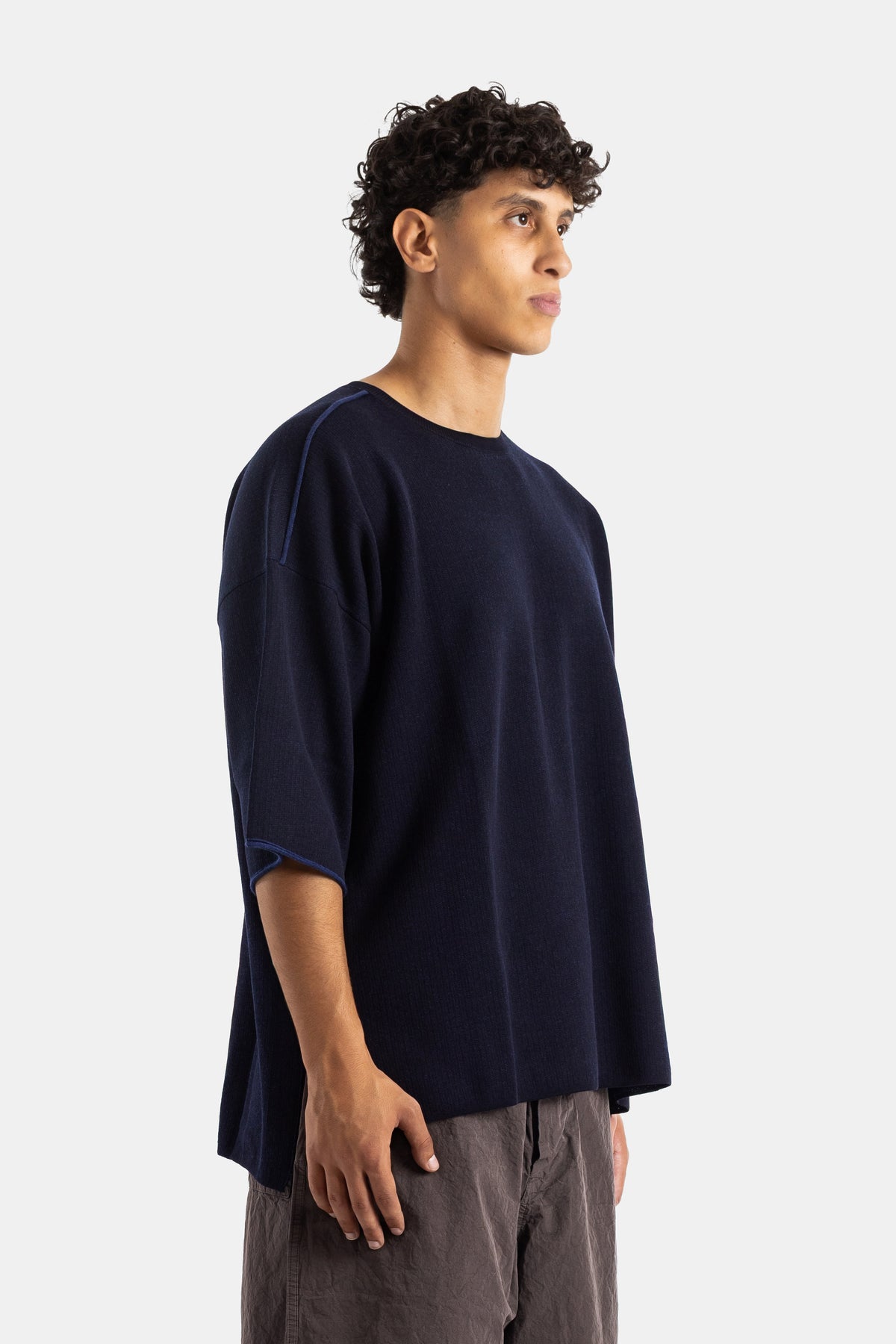 T-shirt in Maglia di Cotone e Lana Navy Oversize