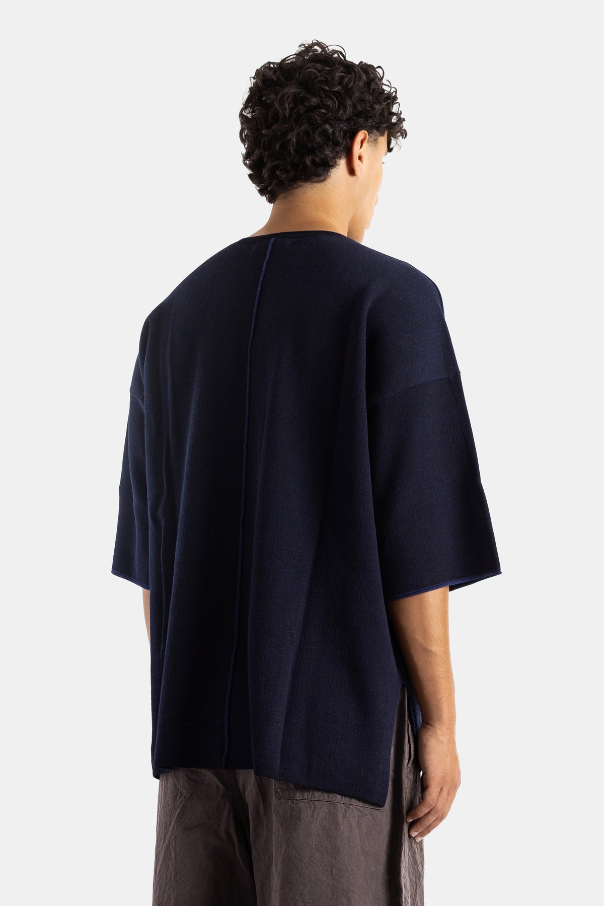 T-shirt in Maglia di Cotone e Lana Navy Oversize