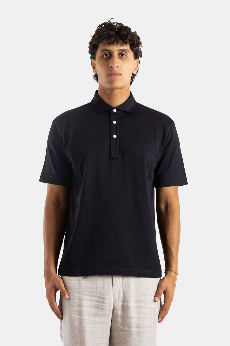 Handvaerk black Pima cotton short-sleeved polo oversize fit shirt collar contrasting buttons SS25 men