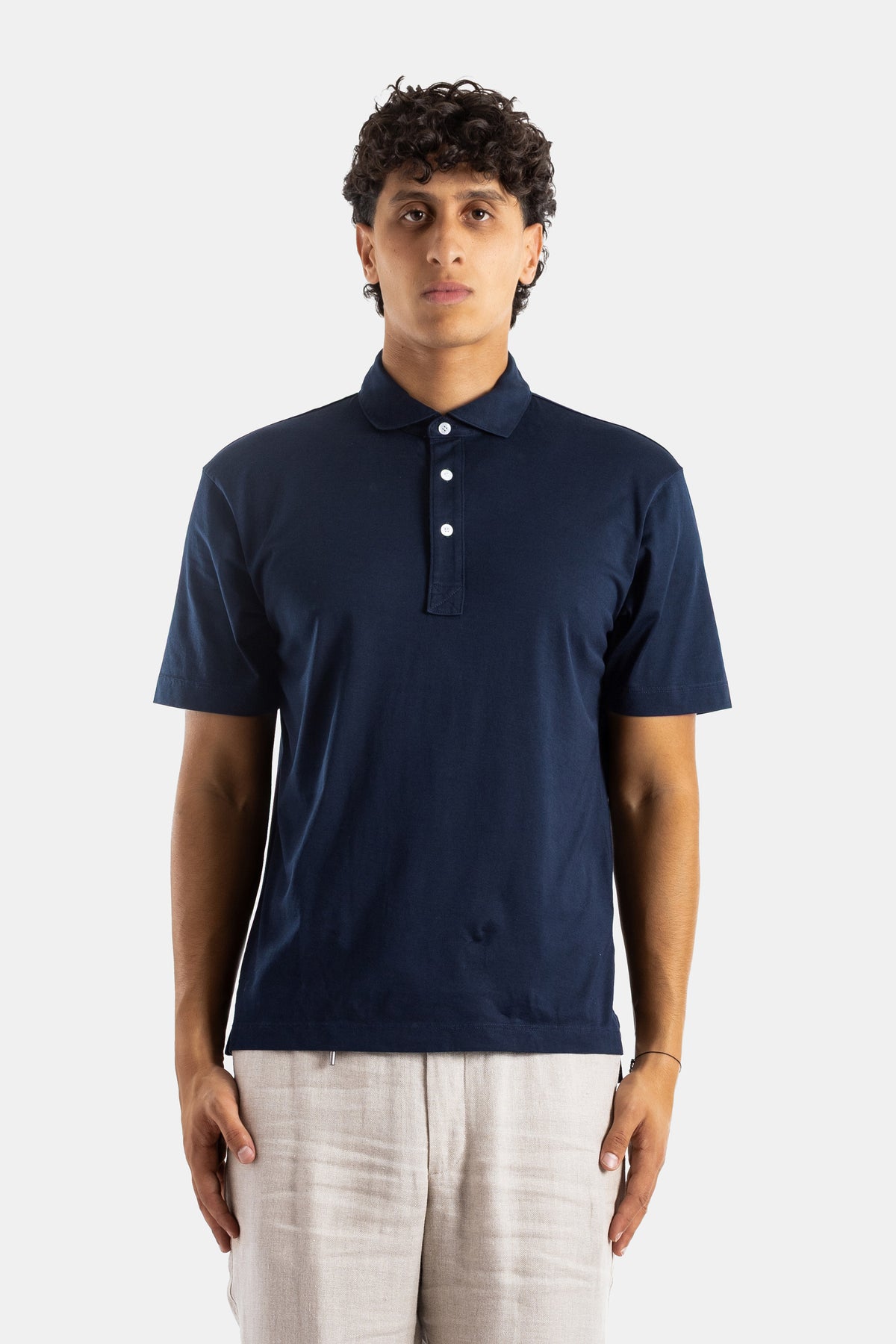 Handvaerk polo manches courtes coton Pima bleu marine coupe ajustée col classique boutons nacre homme SS25