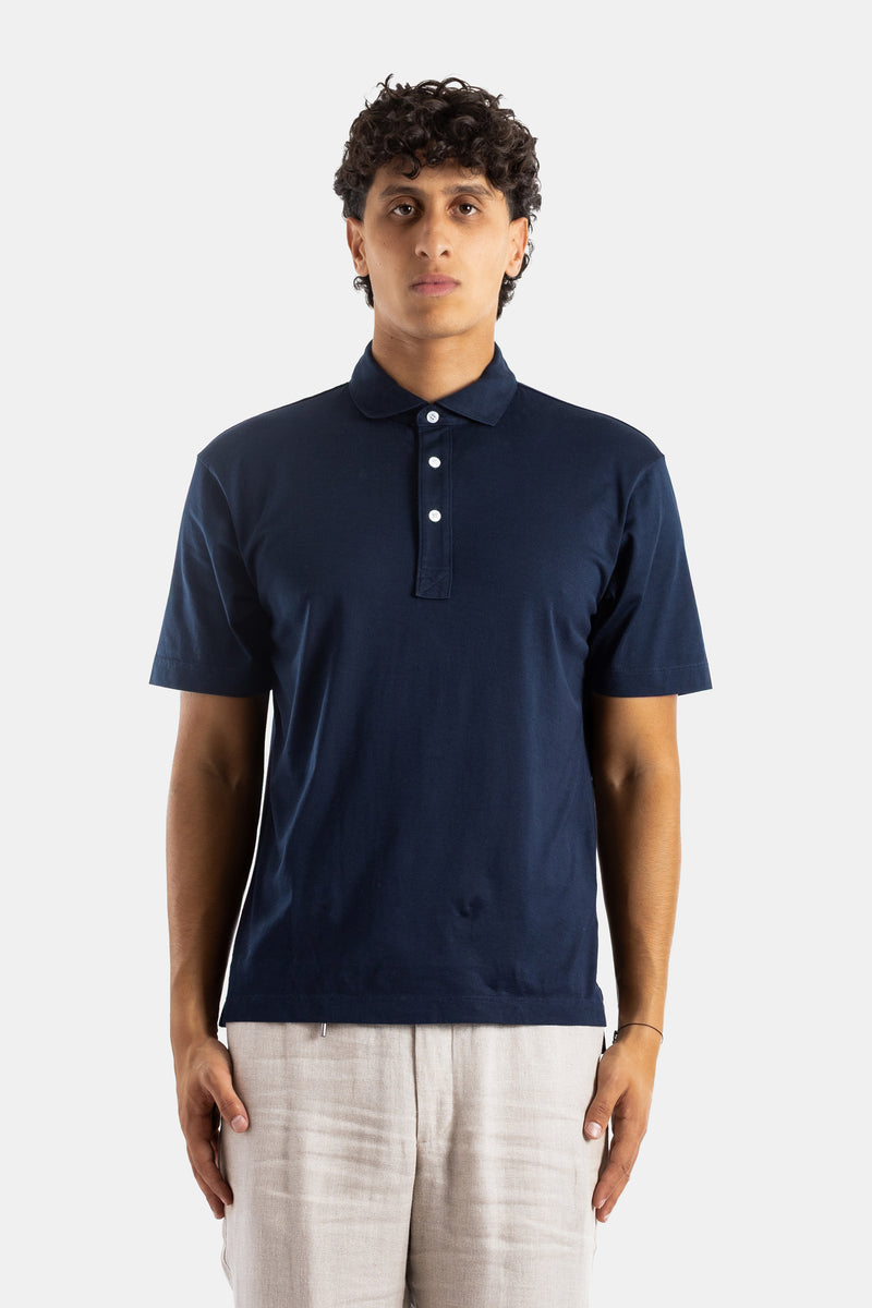 Handvaerk short sleeve polo Pima cotton dark navy slim fit classic collar mother-of-pearl buttons men SS25