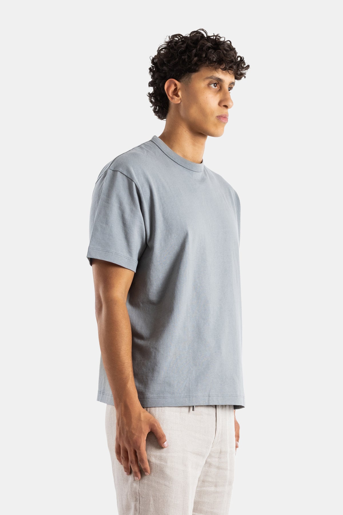 Oversized Pima Cotton Crew Neck T-shirt in Grey-Blue