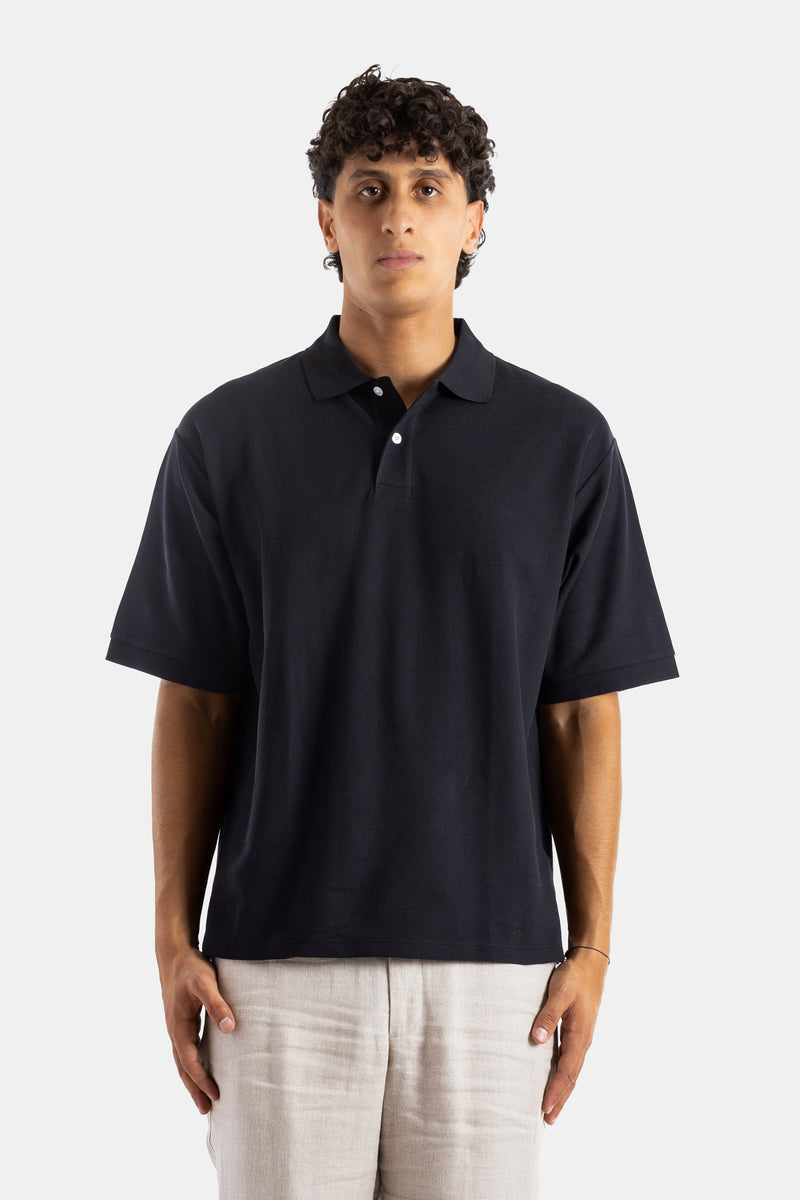 Handvaerk oversized Pima cotton black short-sleeve boxy cut polo shirt white buttons SS26 men