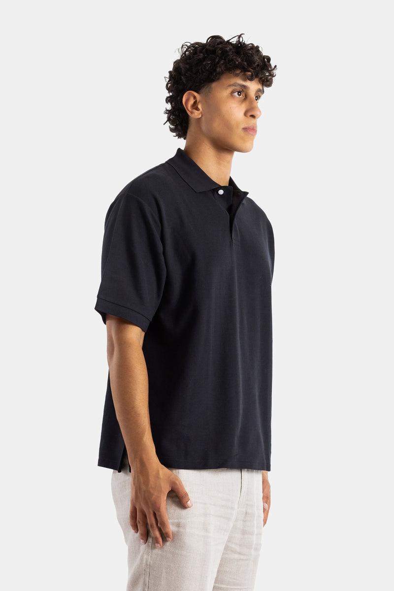 Black Pima Cotton Oversized Short-Sleeve Polo Shirt