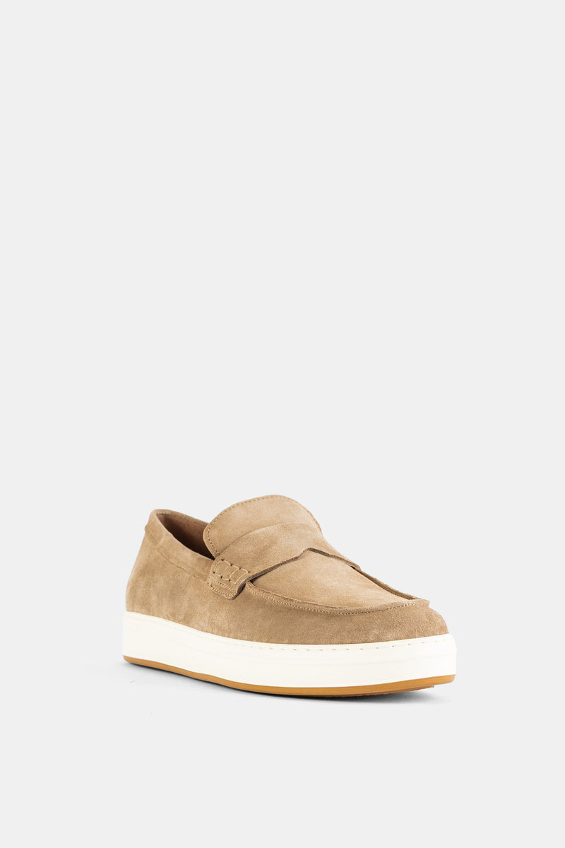 H668 Suede Penny Loafer Sand Beige White Sole
