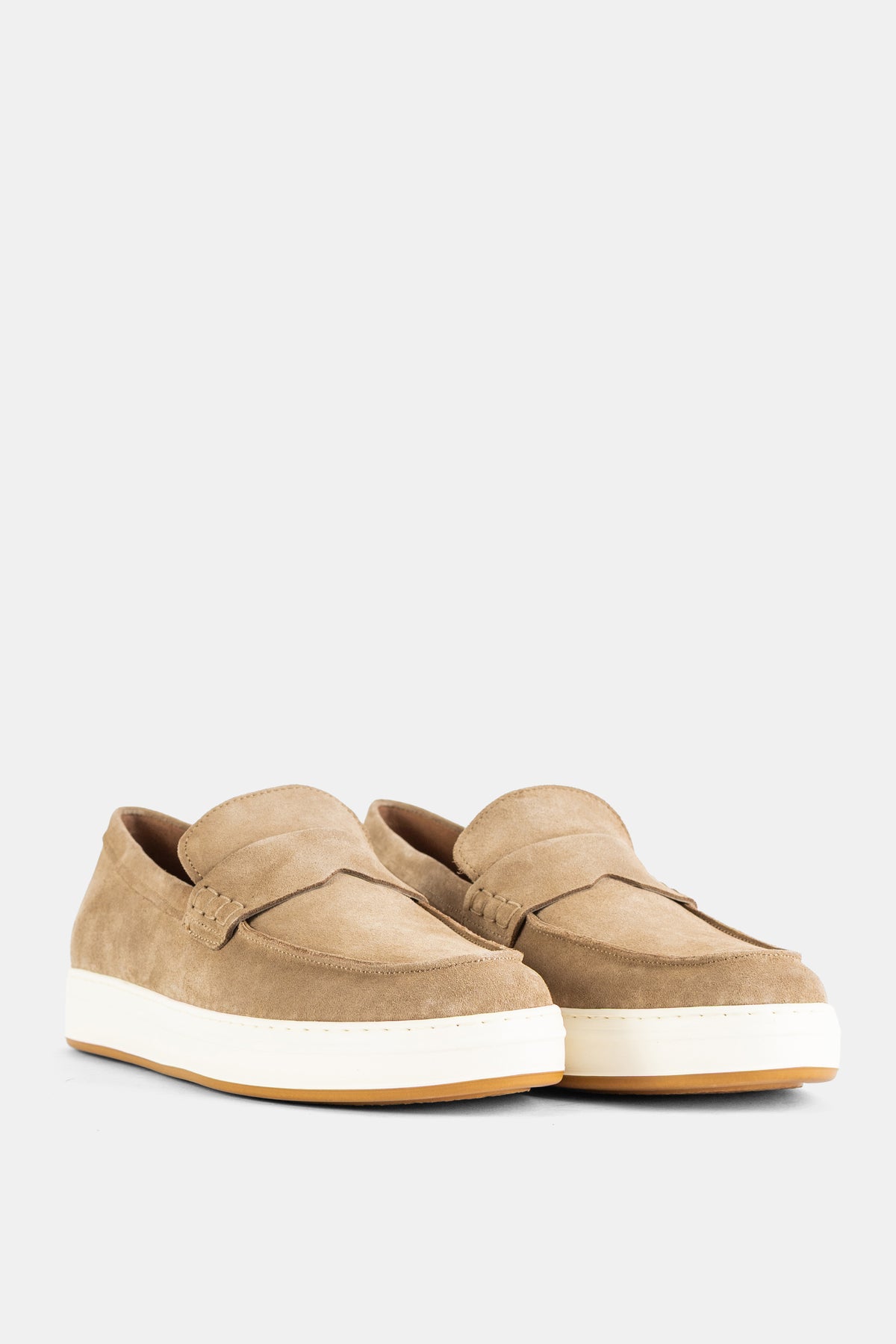 H668 Suede Penny Loafer Sand Beige White Sole