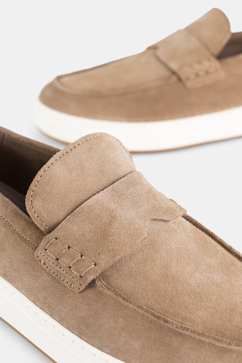 H668 Suede Penny Loafer Sand Beige White Sole