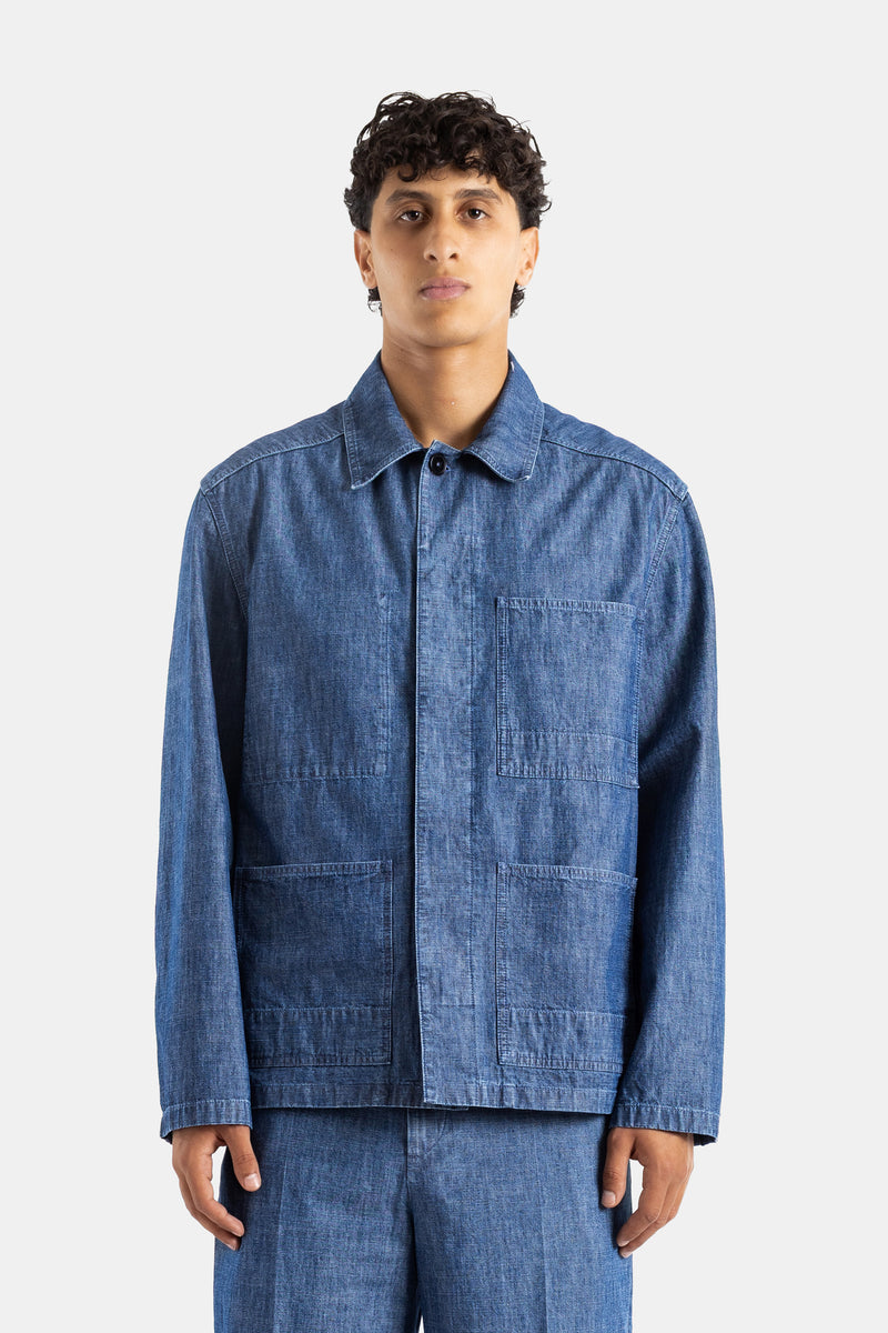 Jil Sander washed indigo cotton chambray four-pocket jacket boxy silhouette SS26