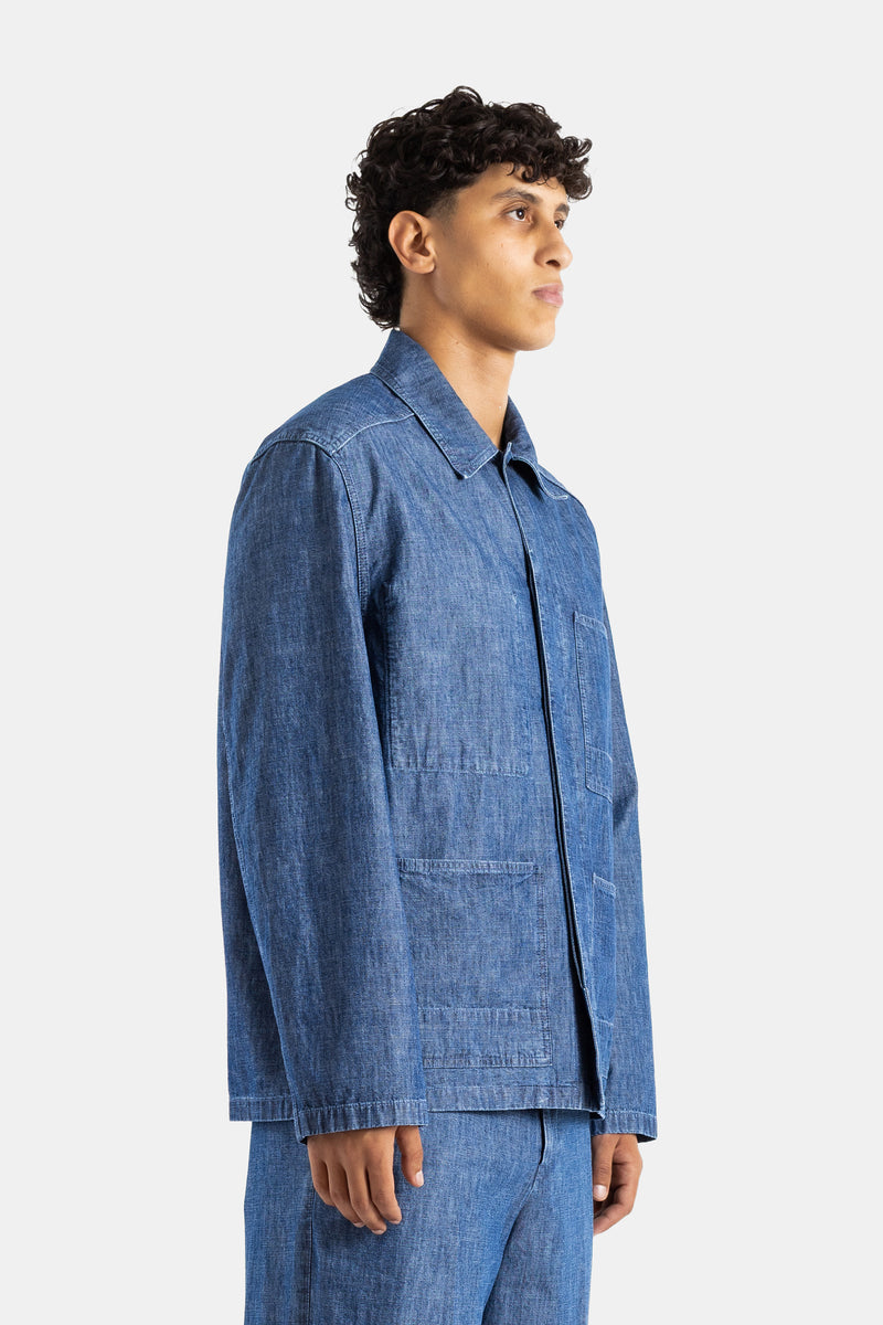 Blouson veste chambray coton indigo lavé quatre poches plaquées