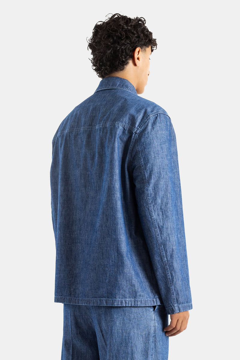 Blouson veste chambray coton indigo lavé quatre poches plaquées