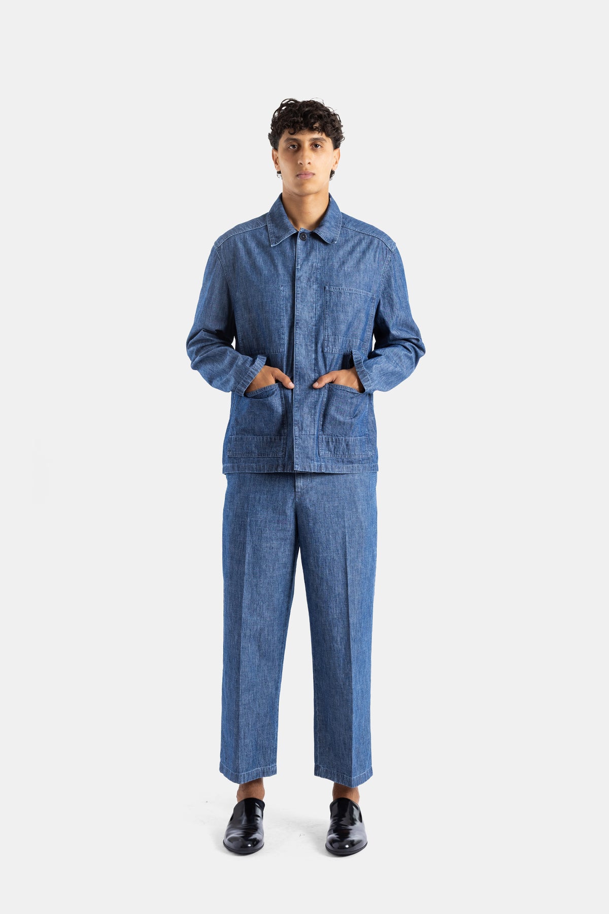 Blouson veste chambray coton indigo lavé quatre poches plaquées