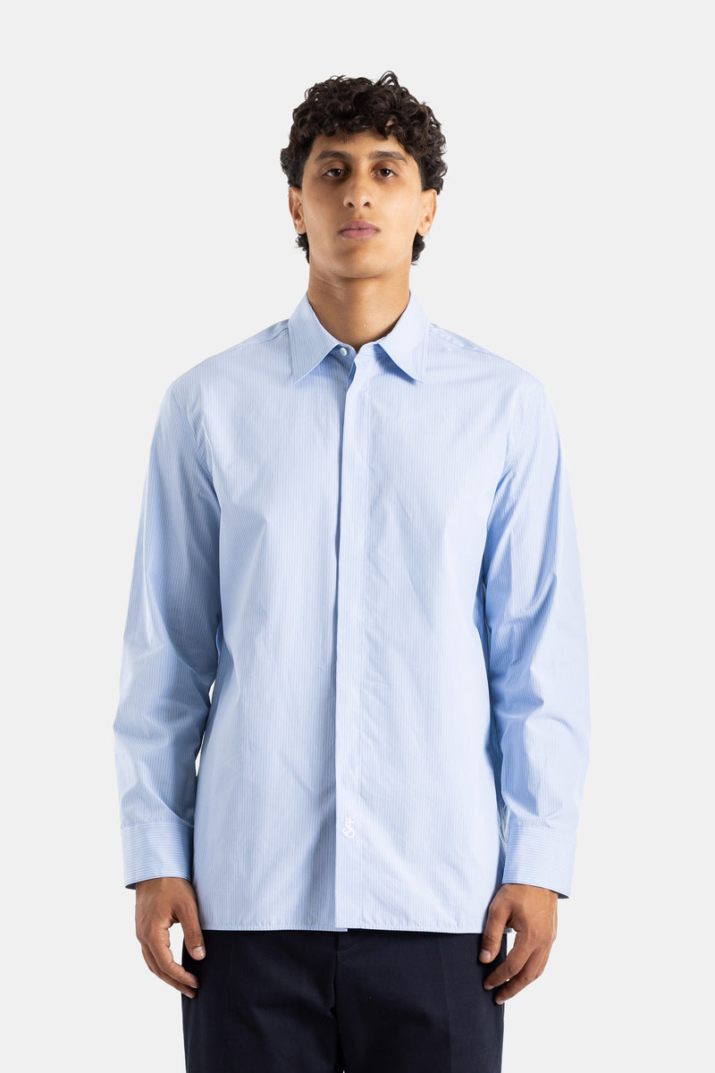Jil Sander men's FW24 sky blue and white fine-stripe cotton Italian collar oversized shirt