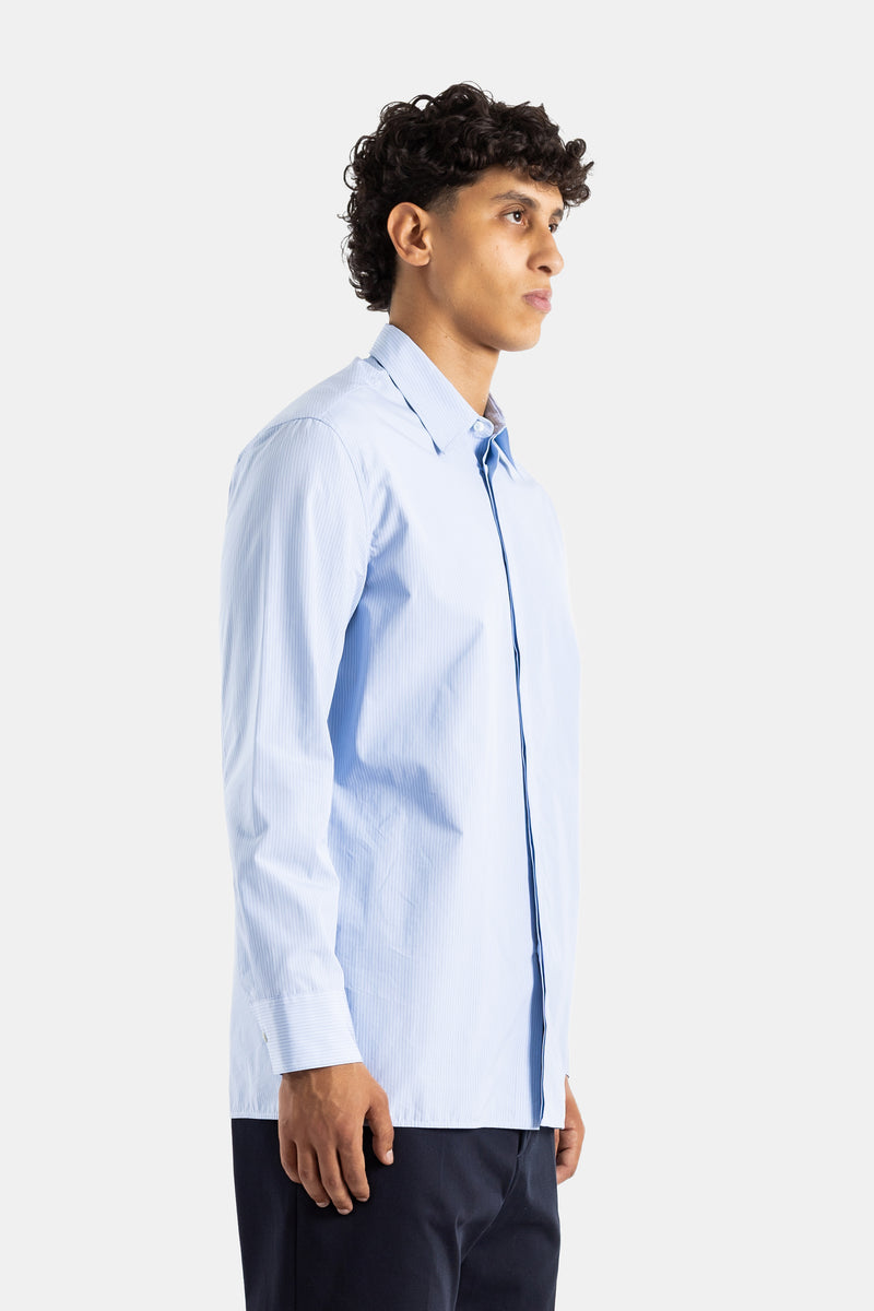 Camicia in Cotone a Righe Sottili Azzurro e Bianco con Collo Italiano